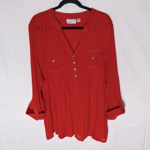 Avenue Red Flowy Pleated Front Button Up Blouse Top 26 - Picture 1 of 16